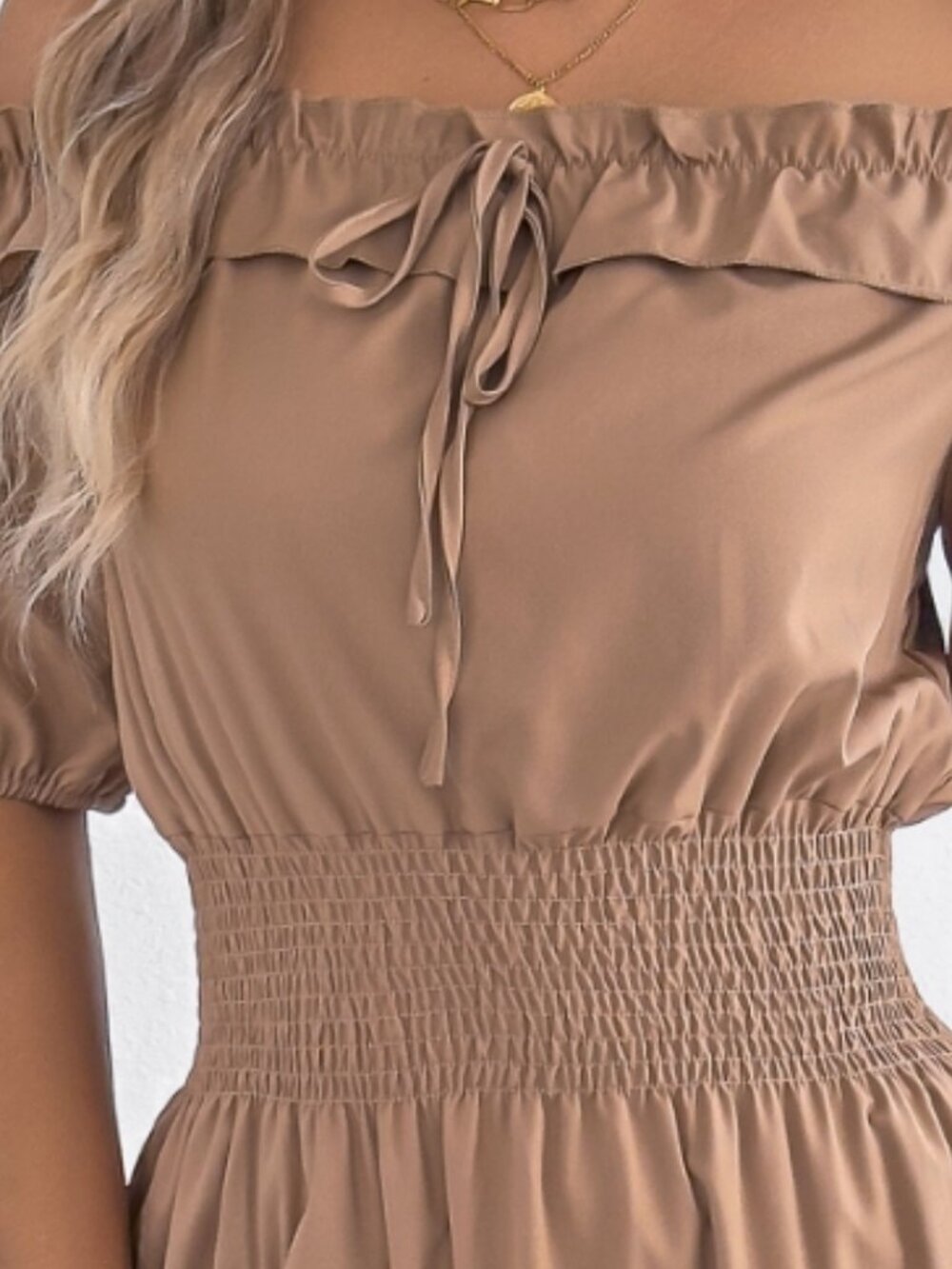 Tan Smocked Off-Shoulder Tiered Dress - Picture 6 of 8